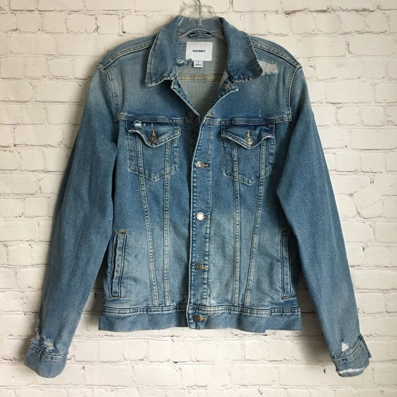Old Navy Distressed Jean Jacket M Patched Frayed Destroyed Denim Trucker - Picture 1 of 9